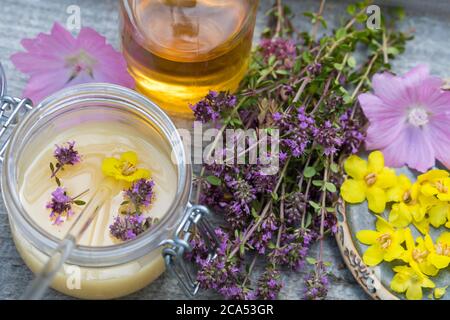 Husten-Oxymel, Hustenoxymel, Oxymel, Honig, Essig, Blüten, Blütenhonig, Blüten-Honig, Wildblumen-Honig, Wildblüten-Honig, Hustenhonig, Husten-Honig. T Stockfoto