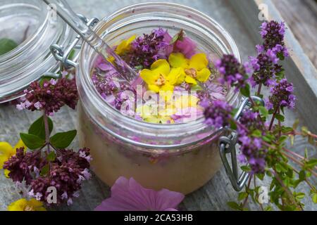 Husten-Oxymel, Hustenoxymel, Oxymel, Honig, Essig, Blüten, Blütenhonig, Blüten-Honig, Wildblumen-Honig, Wildblüten-Honig, Hustenhonig, Husten-Honig. T Stockfoto