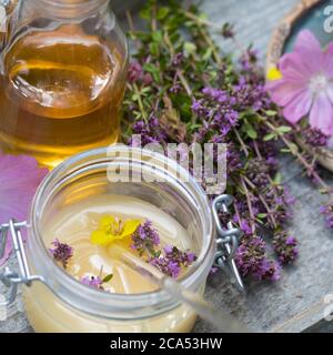 Husten-Oxymel, Hustenoxymel, Oxymel, Honig, Essig, Blüten, Blütenhonig, Blüten-Honig, Wildblumen-Honig, Wildblüten-Honig, Hustenhonig, Husten-Honig. T Stockfoto