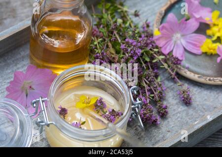 Husten-Oxymel, Hustenoxymel, Oxymel, Honig, Essig, Blüten, Blütenhonig, Blüten-Honig, Wildblumen-Honig, Wildblüten-Honig, Hustenhonig, Husten-Honig. T Stockfoto