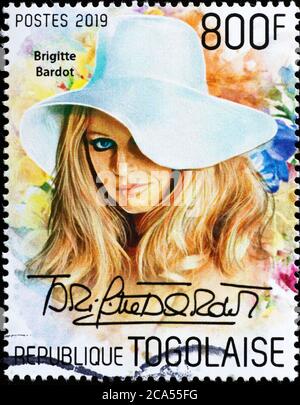 Französische Schauspielerin Brigitte Bardot auf Briefmarke von Togo Stockfoto