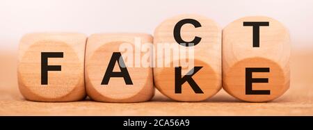 Fact und Fake News auf Cubes geschrieben Stockfoto