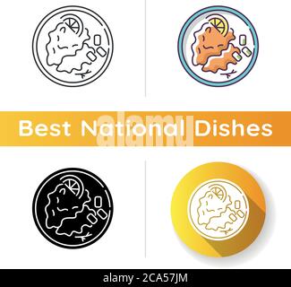Wiener Schnitzel-Ikone. Deutsches Fleischgericht. Traditionelle europäische Mahlzeit Rezept. Kartoffelzutat zum Kochen. Speisekarte im Restaurant. Lineare Schwarz- und RGB-Farben Stock Vektor