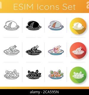 Nationalgericht Symbole gesetzt. Schottische Haggis. Deutsch gebratene Schweinshaxe. Falafel auf dem Teller. Essen im Restaurant. Gekochte Speisen in Geschirr. Linear, schwarz und R Stock Vektor