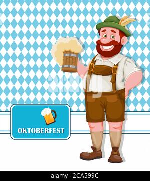 Oktoberfest Flyer. Mann in bayrischer Kleidung hält frisches Bier, lustige Zeichentrickfigur. Münchner Bierfest Oktoberfest. Vektorgrafik auf Brigh Stock Vektor