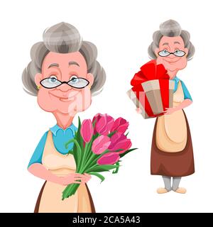 Happy Großeltern Tag, Satz von zwei Posen. Nette lächelnde alte Frau. Fröhliche Großmutter Zeichentrickfigur hält einen Blumenstrauß und hält Geschenk Stock Vektor