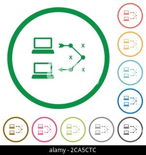 Traceroute Remote-Computer flache Farbsymbole in runden Umrissen auf weißem Hintergrund Stock Vektor