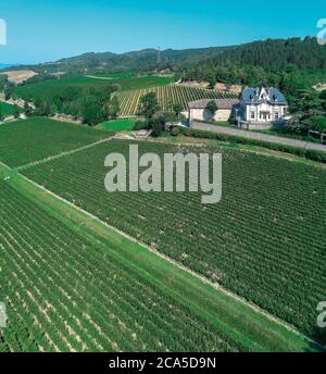 Frankreich, Aude (11), Saint-Polycarpe, Baronarques, Luftaufnahme eines Weinguts Stockfoto