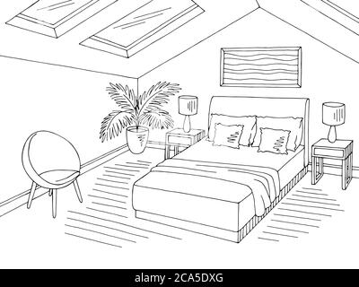 Dachboden Schlafzimmer schwarz weiß Grafik Haus Interieur Skizze Illustration Vektor Stock Vektor