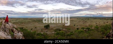 Tansania, Randilen, WMA (Wildlife Management Area), EIN Massai auf der Spitze der Klippe, beobachtet den Horizont Stockfoto
