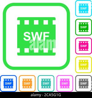 SWF-Filmformat lebendige farbige flache Symbole in geschwungenen Rändern auf weißem Hintergrund Stock Vektor