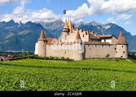 Schweiz, Kanton Waadt, Aigle, das Schloss, umgeben von Weinbergen, beherbergt es das Museum der Rebe und Wein Stockfoto