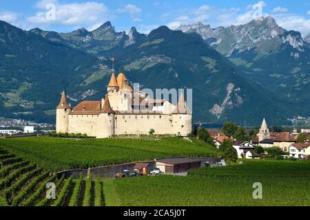 Schweiz, Kanton Waadt, Aigle, das Schloss, umgeben von Weinbergen, beherbergt es das Museum der Rebe und Wein Stockfoto