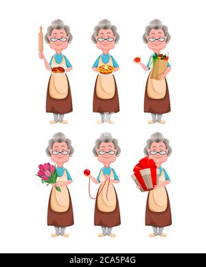 Happy Großeltern Tag, Satz von sechs Posen. Nette lächelnde alte Frau. Fröhliche Großmutter Zeichentrickfigur. Vektorgrafik Stock Vektor