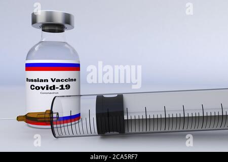 3D Illustration mit einer Spritze und einer Behälterflasche mit dem russischen Impfstoff zur Behandlung der Coronavirus-Krankheit 2019 COVID-19. Stockfoto