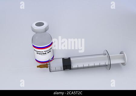 3D Illustration mit einer Spritze und einer Behälterflasche mit dem russischen Impfstoff zur Behandlung der Coronavirus-Krankheit 2019 COVID-19. Stockfoto