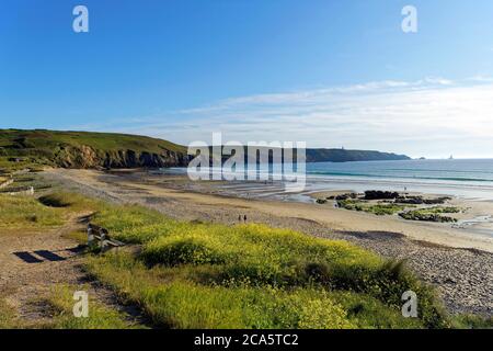 Frankreich, Finist?re, Iroise Meer, Cap Sizun, Plogoff, die Pointe du Raz und der Leuchtturm von La Vieille vom Strand der Baie des TR?Pass gesehen, klassifiziert Great National Site Stockfoto