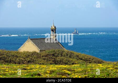 Frankreich, Finistere, Iroise Meer, Cleden-Cap-Sizun, Pointe du Van, Saint Sie Kapelle mit Blick auf die Bay des Trepasses und der Tevennec Leuchtturm im Hintergrund Stockfoto