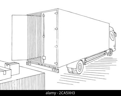 LKW Entladen im Lager schwarz weiß Skizze Illustration Vektor Stock Vektor