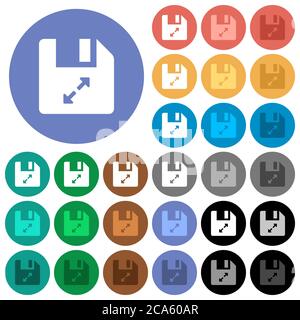 Dekomprimieren Sie mehrfarbige flache Symbole auf runden Hintergründen. Inklusive weißer, heller und dunkler Symbolvarianten für schwebe- und aktive Statuseffekte, und Stock Vektor