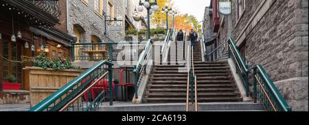 Stadtbild von Lower Town, halsbrecherische Stufen, Alt-Quebec, Quebec Provence, Kanada Stockfoto