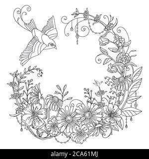 Vektor-Färbung ornamental wreth mit Vogel und Blumen im Kreis Zusammensetzung. Dekorative Vektordarstellung Kontur isoliert auf weißem Hintergrund. Sto Stock Vektor