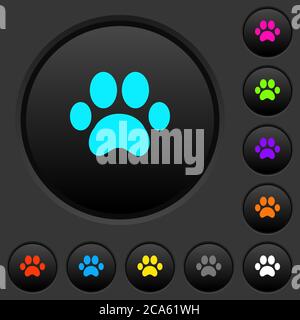 Paw druckt dunkle Drucktasten mit lebendigen Farbsymbolen auf dunkelgrauem Hintergrund Stock Vektor
