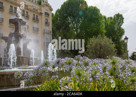 Brunnen der Schlachten in Granada umgeben von purpurnen Agapanthus-Blüten (Agapanthus africanus), die in erfrischendem Wasser getaucht sind Stockfoto
