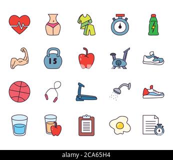 Linie und füllen Stil Icon Set Design, gesunde Sport und Aktivität Thema Vektor Illustration Stock Vektor