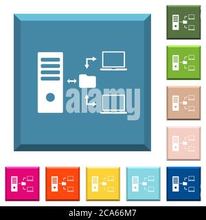 Netzwerk-Dateisystem mit Server weißen Symbolen auf kantigen quadratischen Tasten in verschiedenen trendigen Farben Stock Vektor