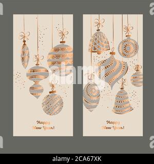 Handgezeichnete dekorative Weihnachtskugeln Komposition für Karte, Header, Einladung, Poster, Social Media, Post-Veröffentlichung. Gold und grau elegant Weihnachten V Stock Vektor