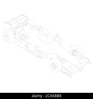 Contour Rennwagen aus schwarzen Linien auf weißem Hintergrund. Isometrische Ansicht. Vektorgrafik. Stock Vektor