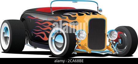 Custom Hot Rod Roadster Auto mit Flammen, Chrom Felgen und White Wall Reifen, isolierte Vektor-Illustration Stock Vektor