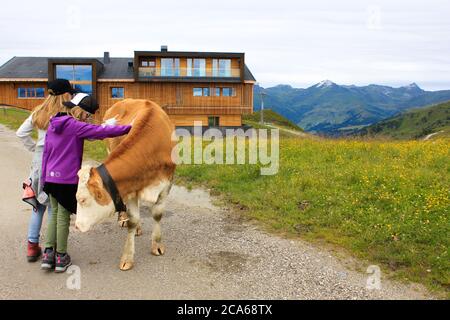 Penken Berg in Mayrhofen / Österreich - September 2019: Kinder streicheln eine braune Almkuh mit Glocke Stockfoto