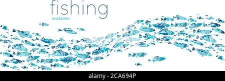 Mittelmeer Sommer Fischmuster für Karte, Header, Einladung, Poster, Social Media, Post-Veröffentlichung. Blaue Farbe dekoratives Fischelement für vac Stock Vektor