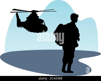 Soldier Militär stehend mit Hubschrauber Silhouette Vektor Illustration Design Stock Vektor