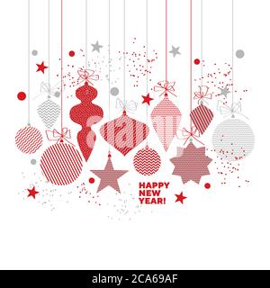 Einfache traditionelle rote geometrische Weihnachtsbaumkugeln Motiv für Karte, Header, Einladung, Poster, Social Media, Post-Veröffentlichung. Vektorgrafik mit Stock Vektor