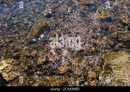 Steine im Wasser und Sonnenschein Blendung, verschwommener Fokus Bokeh Stockfoto