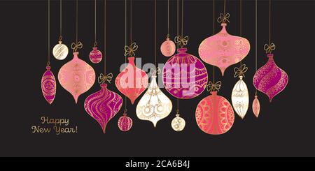 Dekorative Weihnachtskarte mit hängender Vintage-Kugel auf schwarzem Hintergrund. Retro-Stil Luxus naiv handgezeichnete weihnachtsdekoration für Karte, Header, invit Stock Vektor