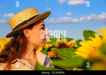 Frau Profil Porträt in Strohhut in blühenden Sonnenblumenfeld bei Sonnenaufgang. Stockfoto