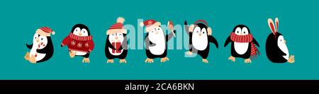 Nette Cartoon Pinguine Weihnachten feiern. Lustige Zeichen auf grünem Hintergrund isoliert. Vektorgrafik. Stock Vektor