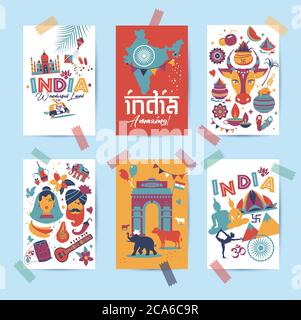 Indien Set Asien Land Vektor indische Architektur Asiatische Traditionen buddhismus Reisen isolierte Symbole und Symbole in 6 Karten. Stock Vektor