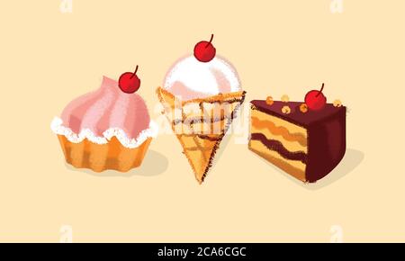 Süße Desserts Set für Karte, Header, Einladung, Poster, Social Media, Post-Veröffentlichung. Lustige Eis, Kuchen und Torte für Kinder-Projekte. vector illus Stock Vektor