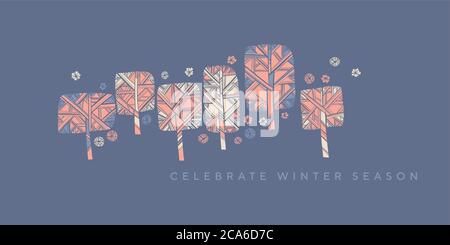 Vintage-Stil elegante Winter Baum Silhouette Banner oder Karte, Header, Einladung, Poster, Social Media, Post-Veröffentlichung. Nordischer Park Baum und Schneeflak Stock Vektor