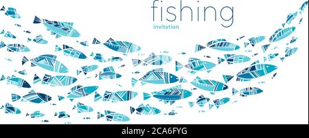 Blaue Schule Fisch auf weißem Hintergrund. Einfache Konzept Vektor-Illustration für Karte, Header, Einladung, Poster, Social Media, Post-Veröffentlichung. Stock Vektor