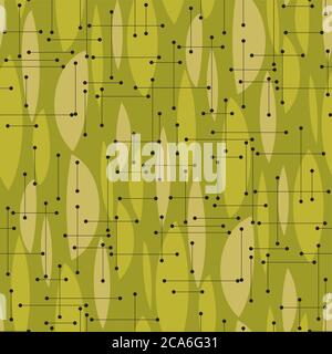 Elegantes grünes Muster im Retro-Stil der 50er Jahre mit schwarzen Linien und Zitronensegmenten. Retro-Stil geometrische Formen und Linien nahtlose Muster für Hintergrund, fabr Stock Vektor