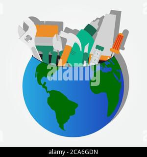 Auf dem Planeten gelagerte Bauwerkzeuge: Schraubendreher, Schraubenschlüssel, Säge, Bohrer, Zangen, Hammer, Stiletto, Klebeband Stock Vektor