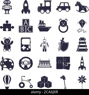 Cartoon Spielzeug Roboter Rakete Zug Auto Puzzle Roboter Windrad, Objekt für kleine Kinder zu spielen, Silhouette Stil Symbole Vektor-Illustration Stock Vektor