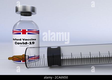 3D Illustration mit einer Spritze und einer Behälterflasche mit oxford-Impfstoff zur Behandlung der Coronavirus-Krankheit 2019 COVID-19. Stockfoto