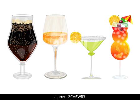 Alkoholische Getränke und Cocktails auf weißem Hintergrund. Beliebte alkoholische Cocktails, dunkles Bier, Weißwein, margarita und Mai Tai. Stock-Vektor Stock Vektor